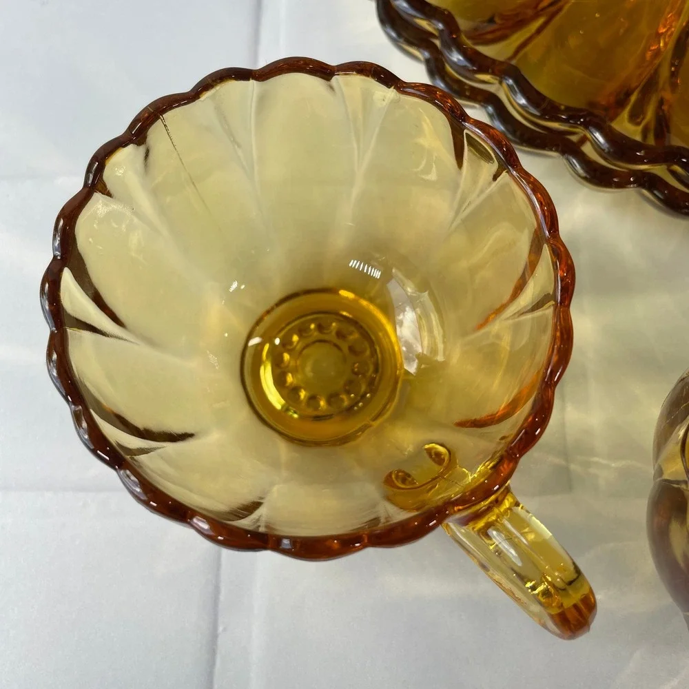 Vintage Hazel Atlas Glass AMBER Yellow Gold Sun Petal Snack Set 3 Plates 3 Cups